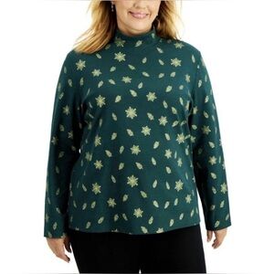 Karen Scott Holiday Christmas Mock Neck Long Sleeve Top Glitter Gold Print 3X